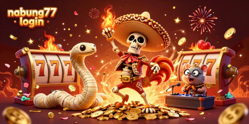 Nabung77 login fun scene with a mariachi rooster and jackpot elements celebrating online gaming.