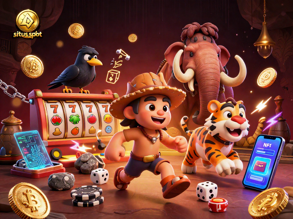 Experience sensational wins at situs slot with this lively prehistoric casino scene.