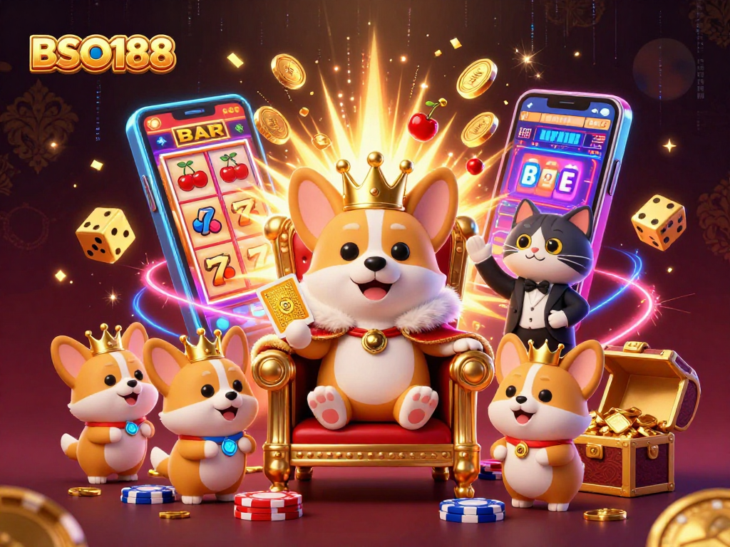 BSO188 showcases a royal corgi casino scene with slot machines and glamorous casino elements.