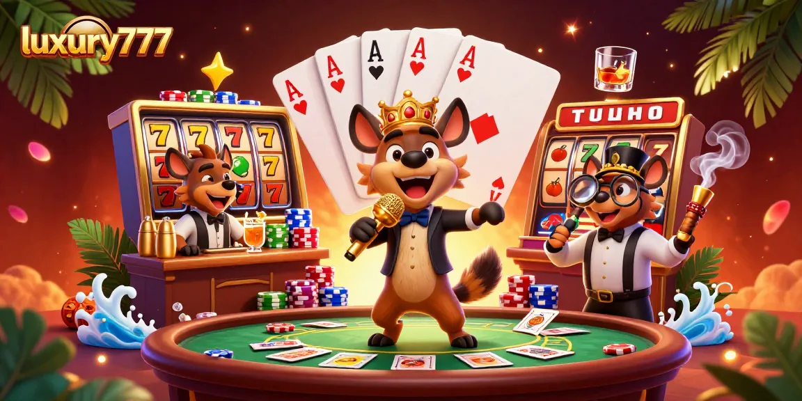 Gambaran kasino lucu luxury777 dengan hyena berkomedi, pemandangan slot dan permainan.