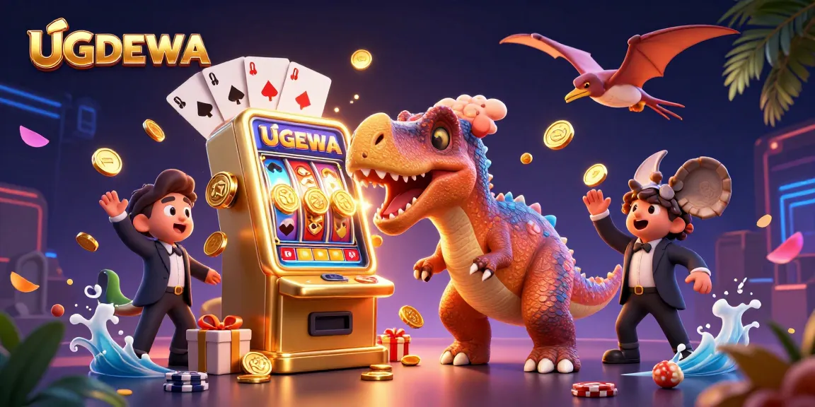 UGDEWA provides exciting jackpots as a 3D dinosaur hits a slot machine for gold coins.