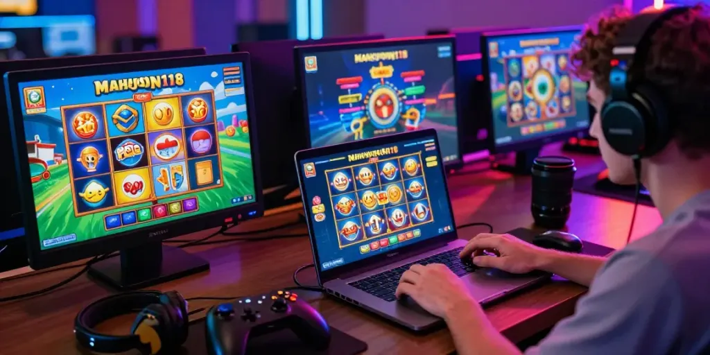 Pengguna menikmati permainan di Mahjong118 dengan antarmuka slot digital yang penuh warna.