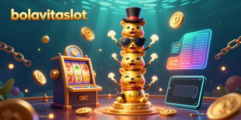 Play thrilling slots with bolavitaslot in an enchanting casino scene filled with vibrant characters and crypto elements.