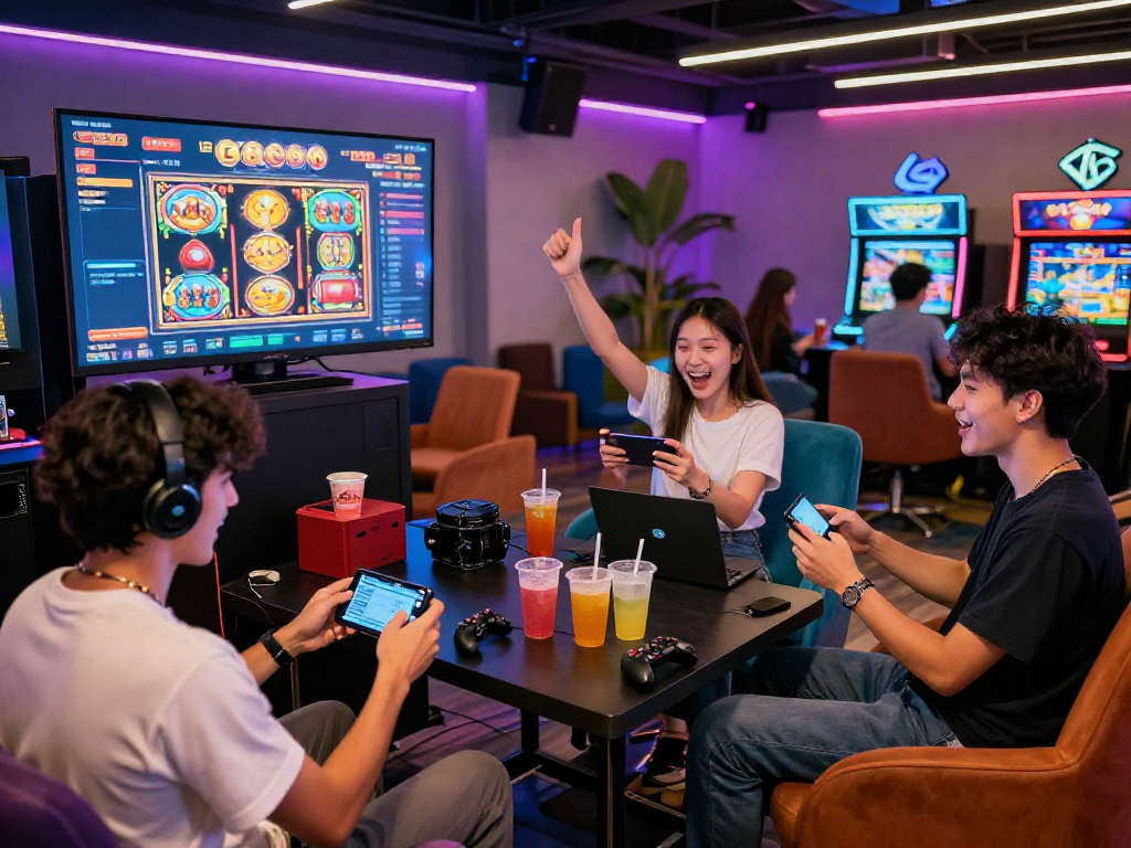 Exciting group of friends enjoying slot gacor gaming experience at a lively casino.