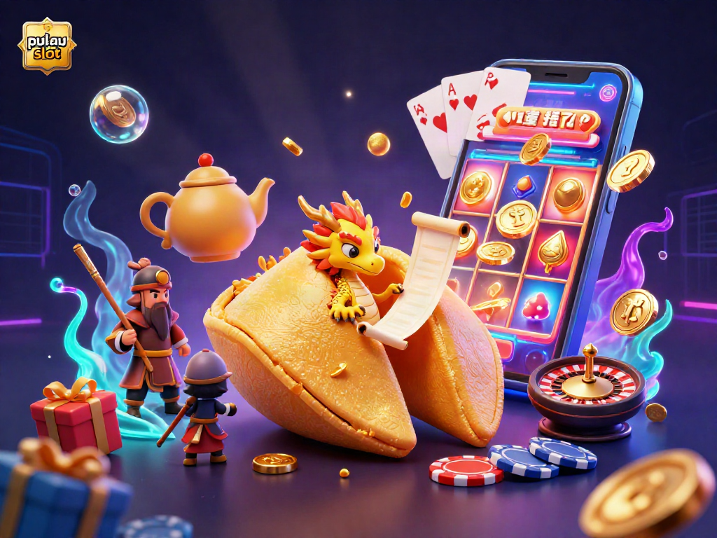 Experience pulau slot with vibrant 3D illustration featuring a fortune cookie, wise dragon, and golden coins.