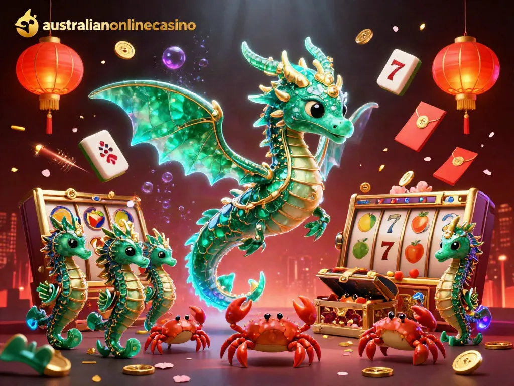 Experience the vibrant world of australianonlinecasino with a magical sea dragon and lively casino symbols.