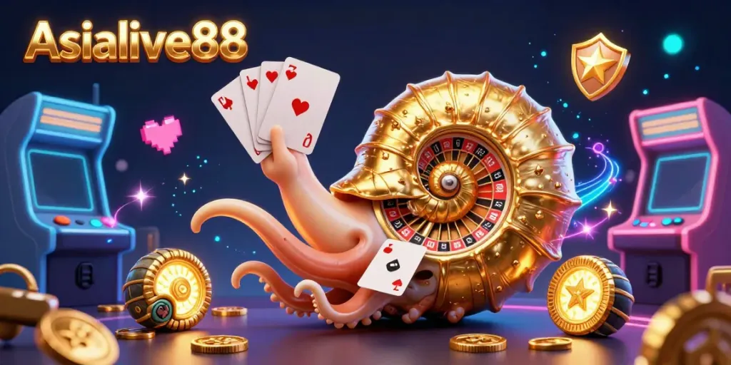 Experience the thrilling world of Asialive88 with a vibrant casino scene featuring a nautilus roulette wheel amidst exciting game elements.