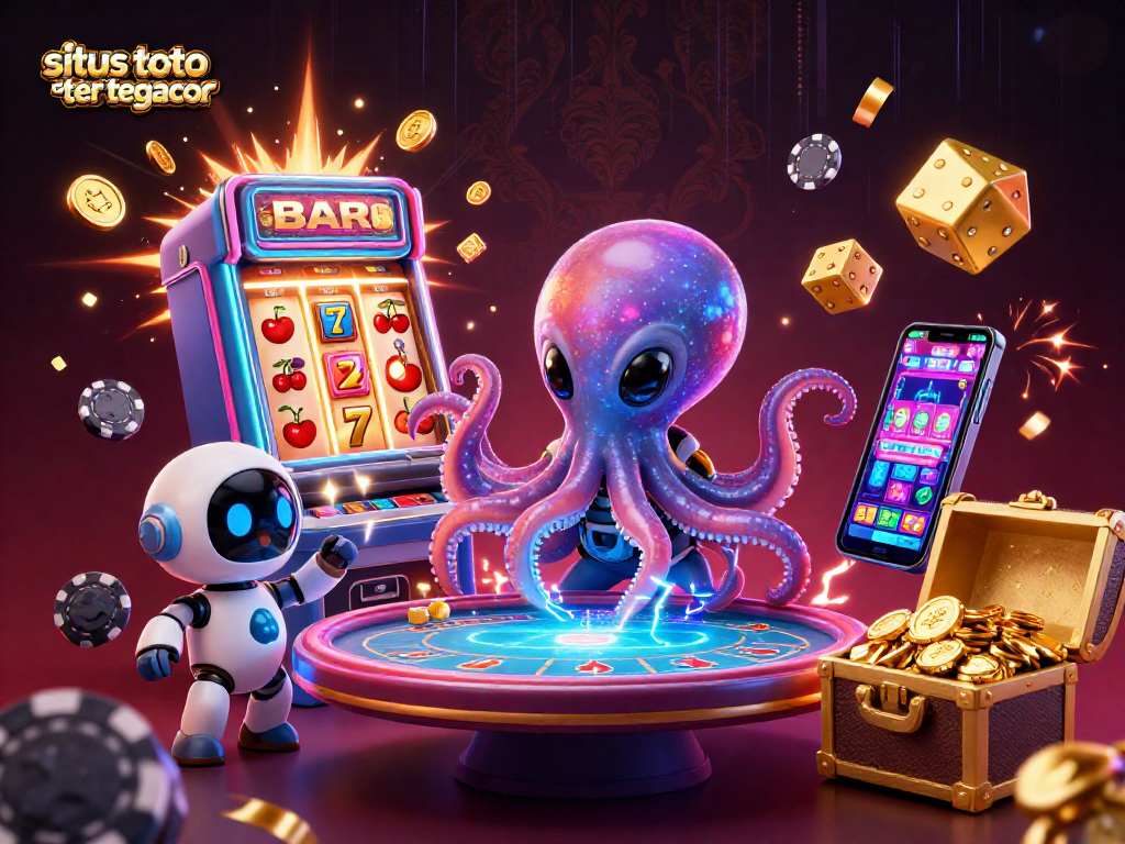 Experience thrilling play at situs toto slot tergacor with an alien octopus in action at a holographic poker table.
