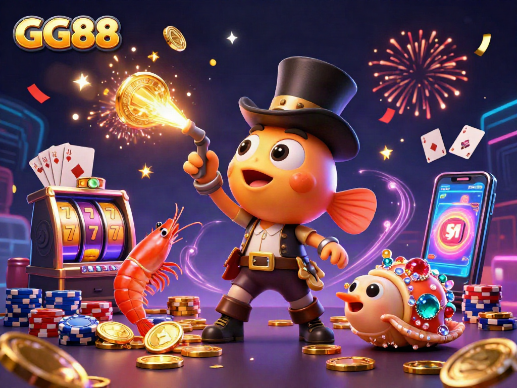 Win big at GG88 with a 3D scene of vibrant casino elements showcasing excitement and fortune.