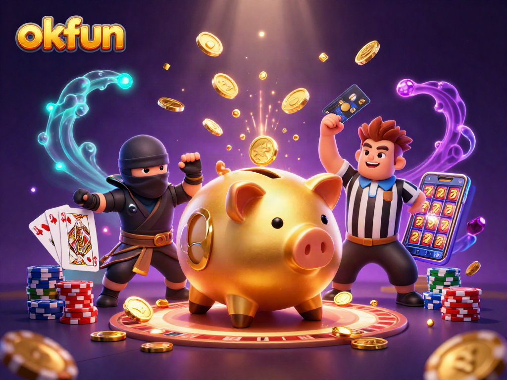 Win big with okfun's vibrant 3D casino scene featuring animated characters and dynamic game elements.