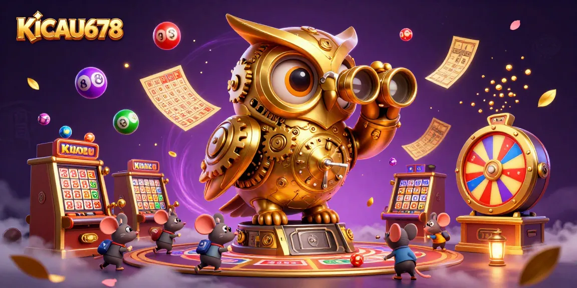 KICAU678 showcases a vibrant casino scene with a golden owl, lottery elements, and animated patrons.