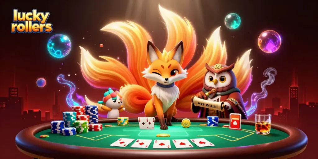 Experience thrilling moments with lucky rollers at an exciting poker table, showcasing vibrant characters and dynamic game elements.