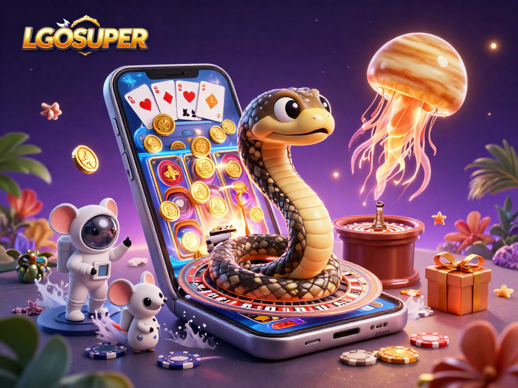 Spin to win with LGOSUPER as tiny astronaut mice bet on a roulette wheel made of Saturn's rings.
