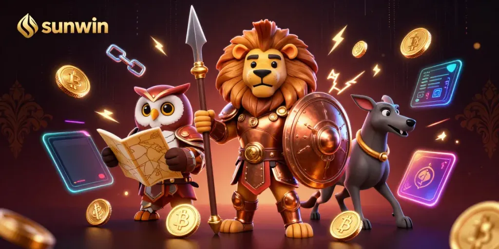Experience thrilling games at sunwin with a Spartan lion, tactical owl, and swift greyhound amidst vibrant casino elements.