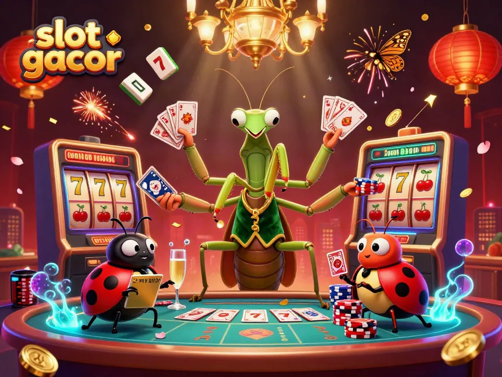 Engaging slot gacor scene featuring a cartoon mantis and ladybug amidst vibrant casino elements