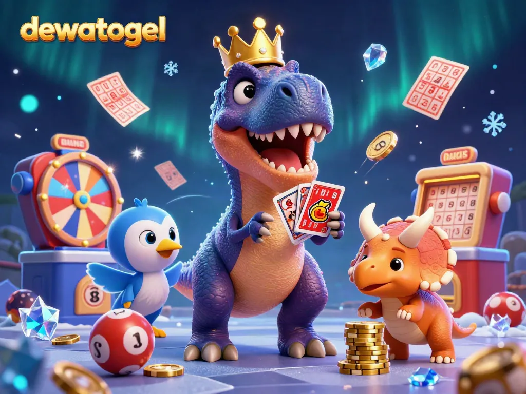 Dewatogel menampilkan permainan togel online terbesar dengan antusiasme karakter kartun dinosaur dalam ilustrasi yang menarik.
