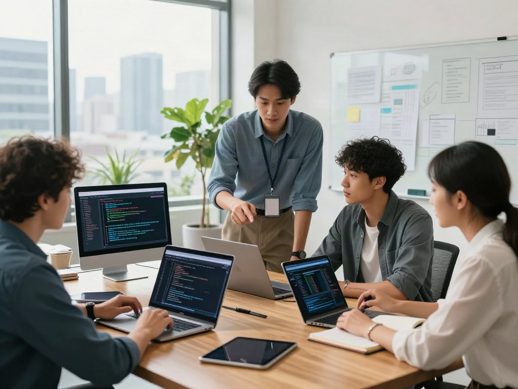 Team collaborating on technical solutions featuring a80 technology in a modern office.