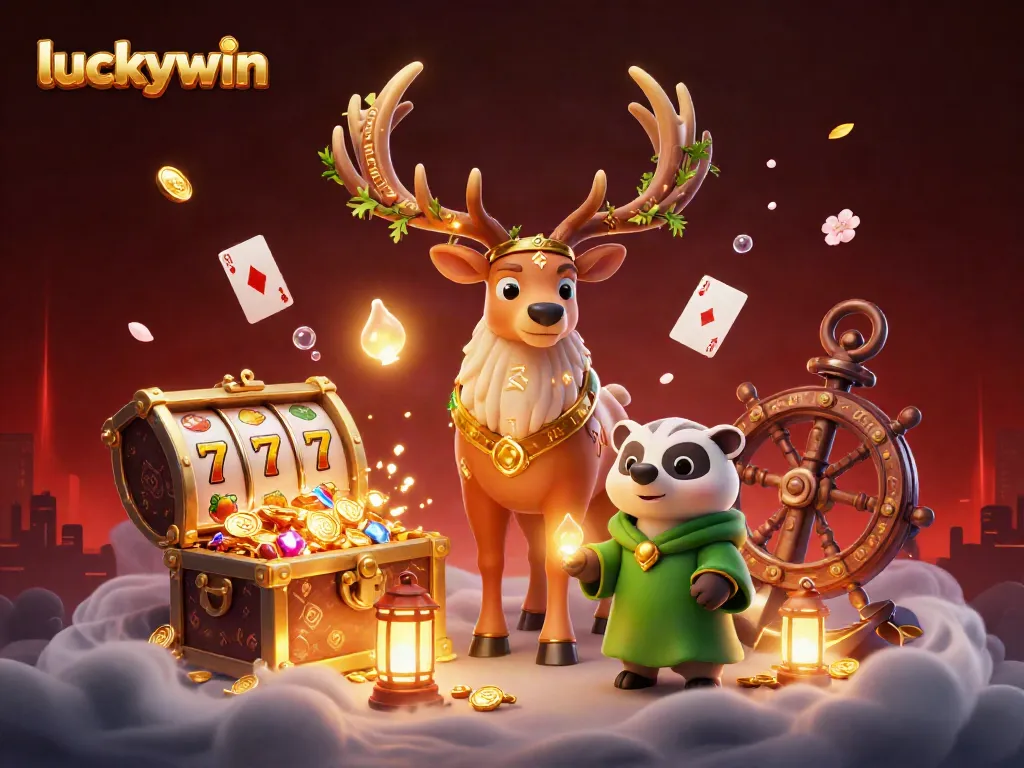 Experience the thrill of winning with luckywin in this vibrant 3D casino scene filled with treasures and gaming elements.
