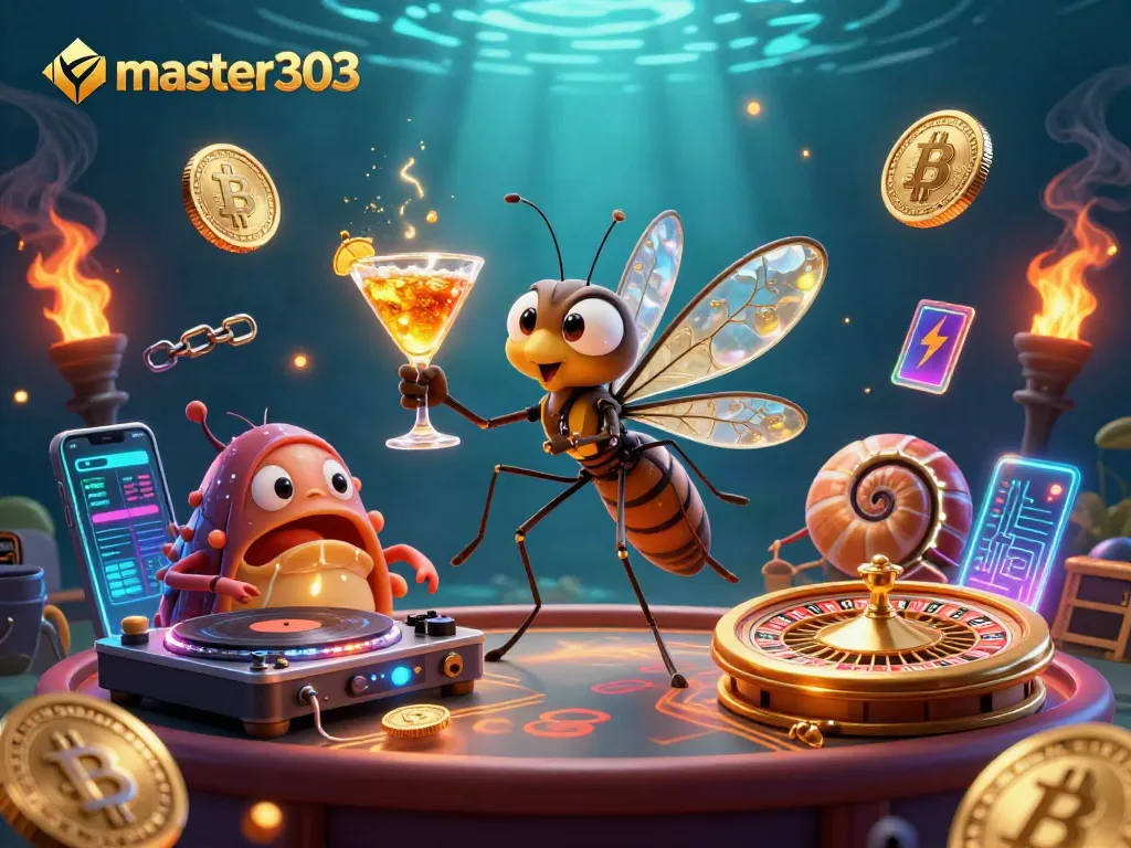 Permainan menarik di master303 dengan karakter unik seperti nyamuk fosil dan DJ trilobite sebagai ikon kasino.
