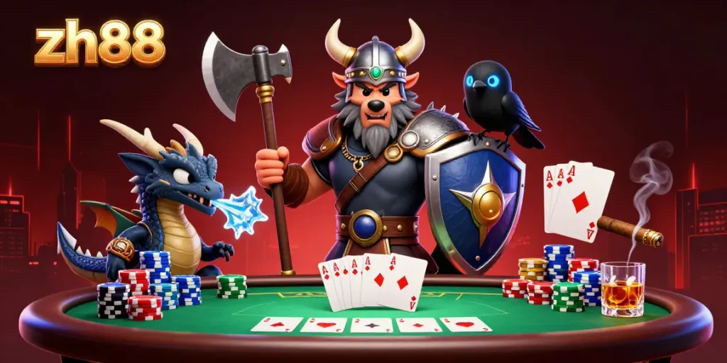 Engage in thrilling zh88 poker play with a Viking wolf and dragon in a vibrant casino setting.