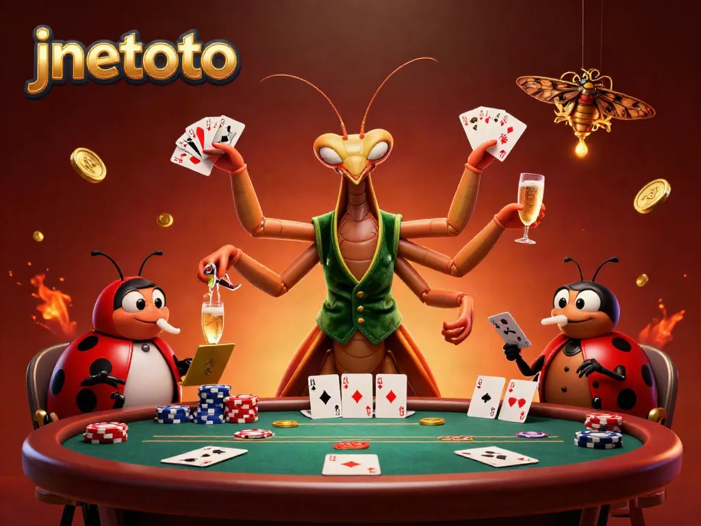 Permainan kartu seru di jnetoto dengan karakter kartun menarik dan suasana casino yang energik.