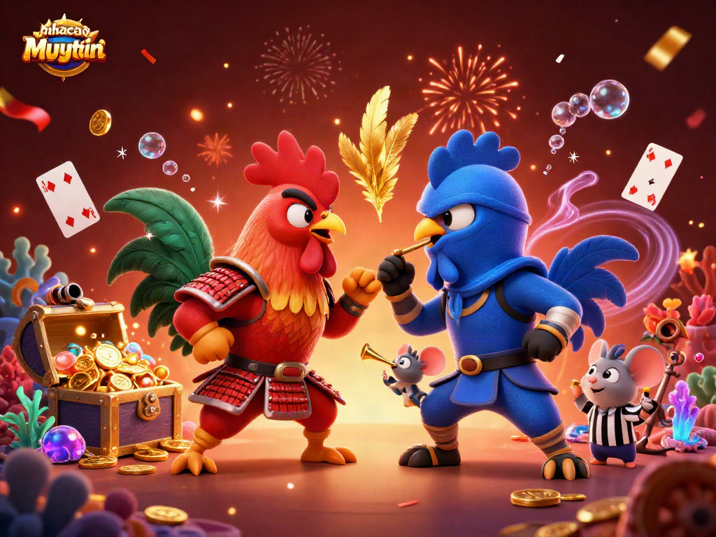 Engage in thrilling betting action with nhacaiuytin's colorful casino-themed illustration featuring fighting roosters.