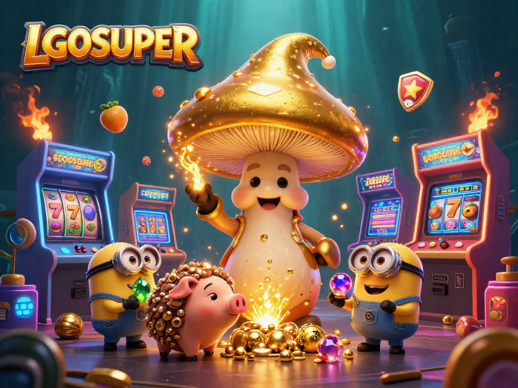 Engage with LGOSUPER's immersive casino experience featuring a golden mushroom wizard and treasure in a dynamic gaming scene.