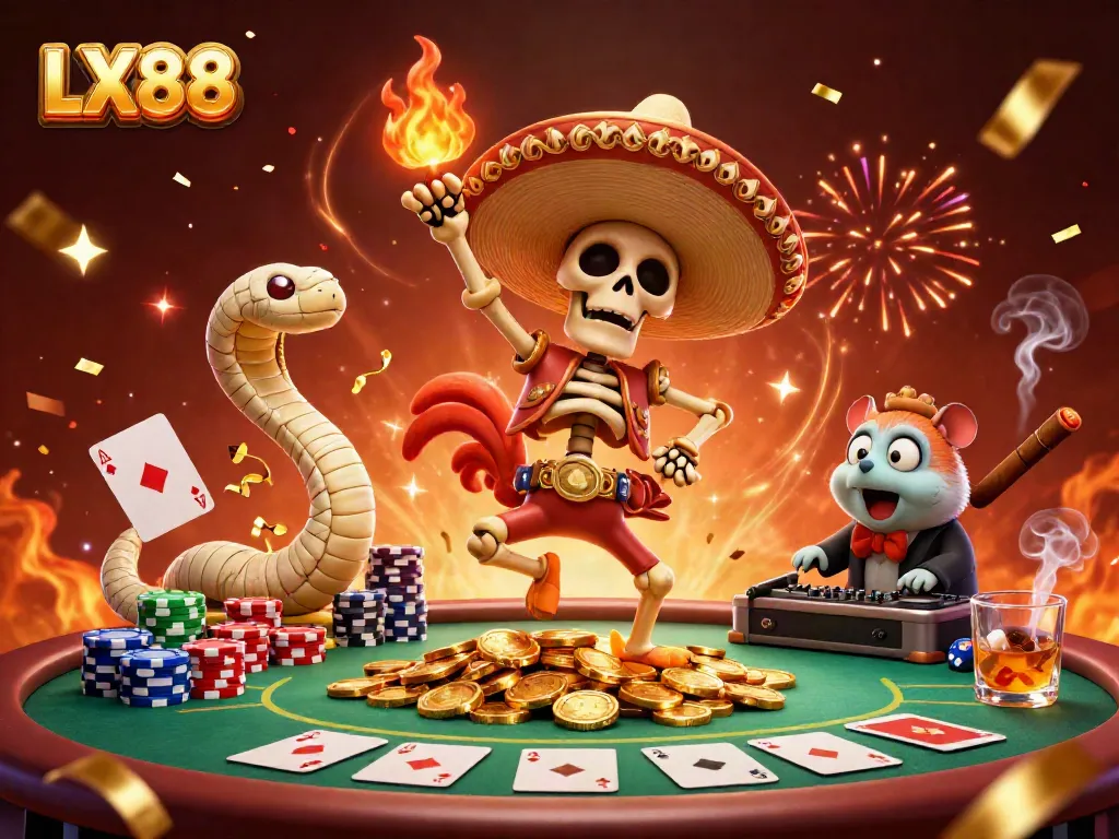 Experience the thrilling action of LX88 with a dynamic 3D illustration featuring festive casino characters.