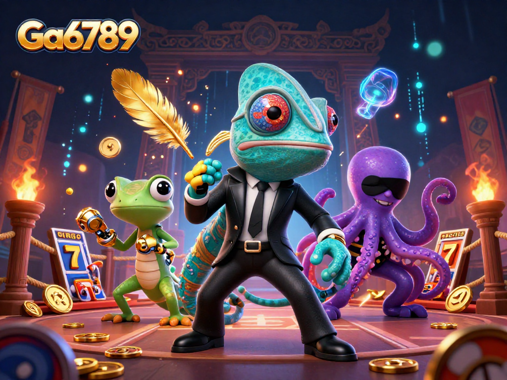 Engage with Ga6789 in this action-packed casino scene featuring a secret agent chameleon and more.