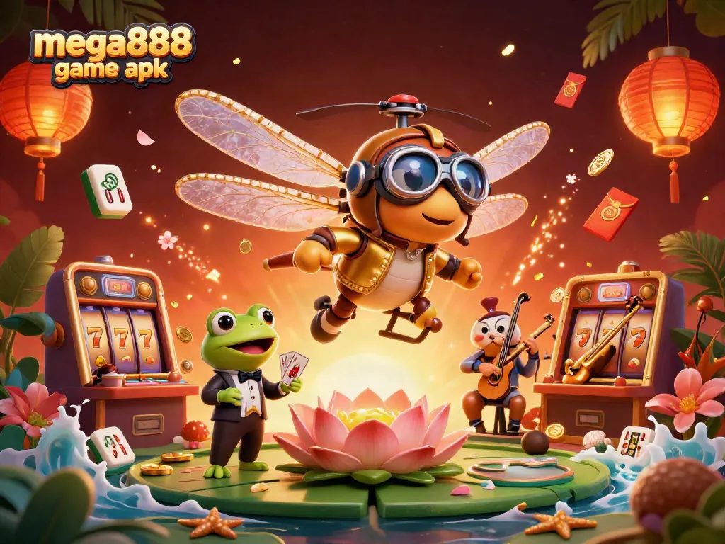 Immerse in the Mega888 game apk scene featuring vibrant casino elements and lively characters.