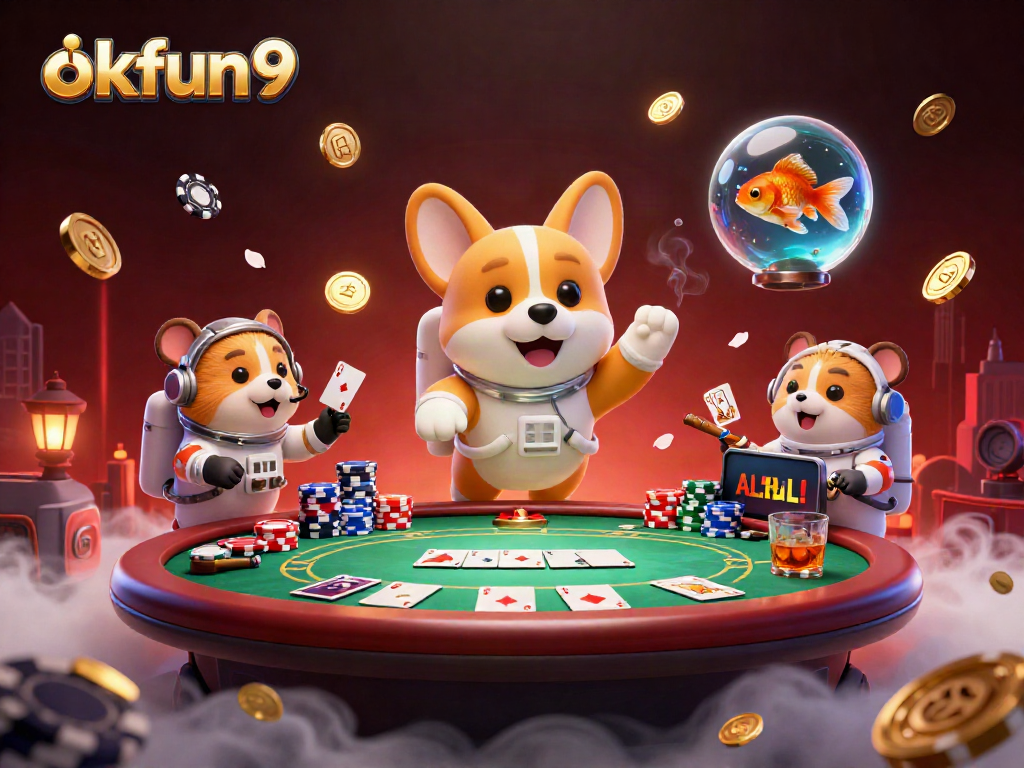 okfun9 engages players in a thrilling space casino adventure with floating poker chips and colorful characters.