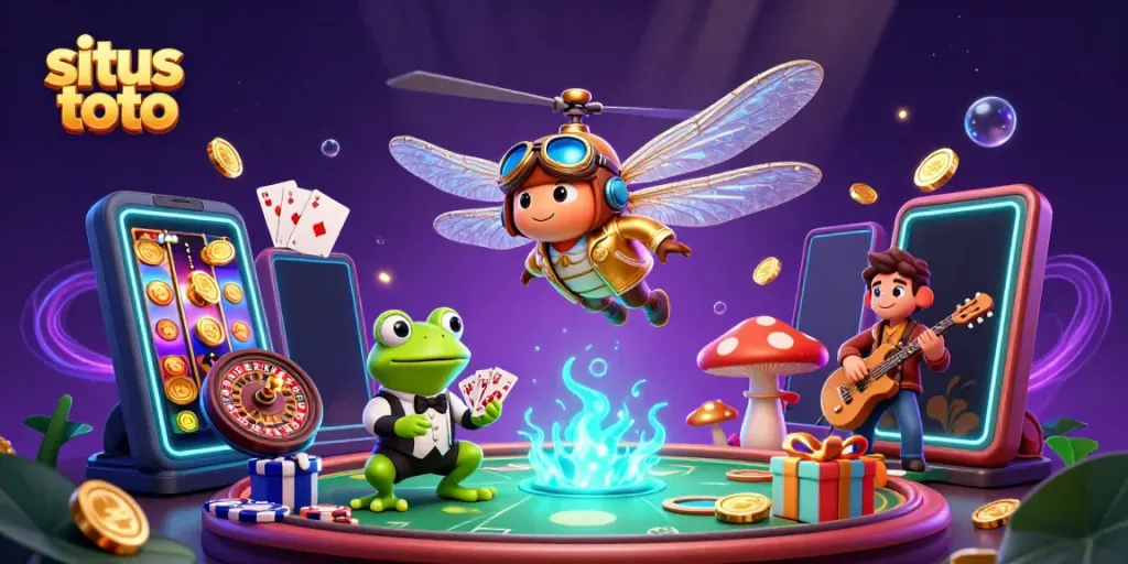 Engage with situs toto casino excitement featuring a vibrant 3D scene with a dragonfly pilot and croupier frog.