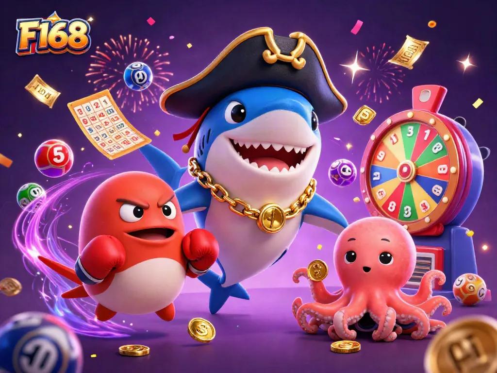 F168 players spinning a prize wheel amidst colorful casino elements and festive characters.