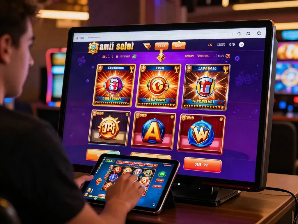 Permainan javaslot dengan antarmuka kasino online modern dan pemain terlibat secara aktif.
