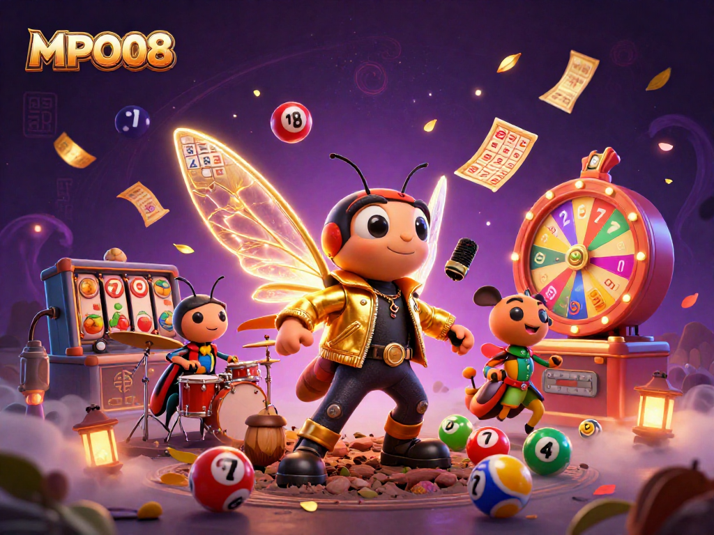 MPO08 showcases an exciting casino scene featuring a rock star cicada, colorful lottery balls, and vibrant slot game elements.