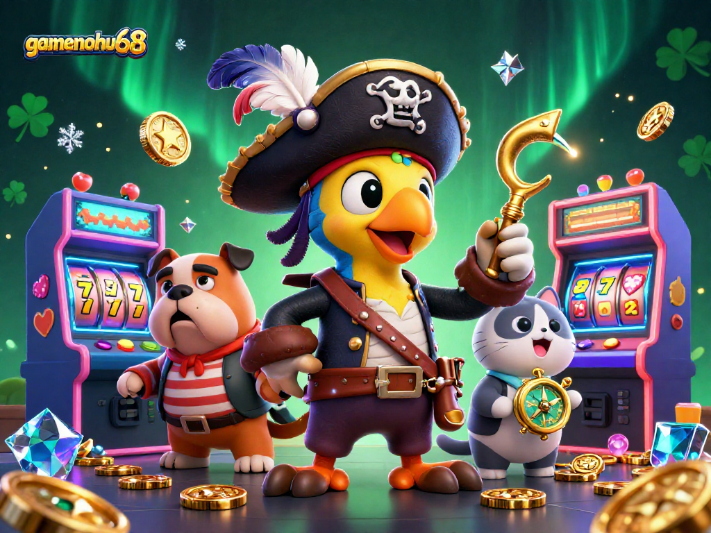 Experience thrilling adventures with gamenohu68 while playing vibrant slot games amidst a pirate-themed scene.