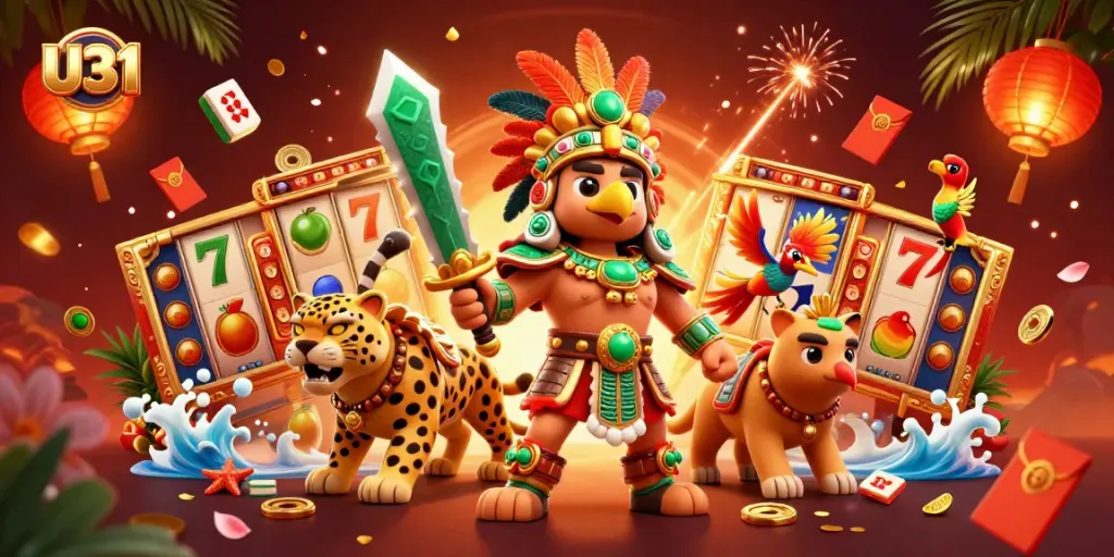 U31 slots premium experience with Aztec warriors celebrating jackpot wins.