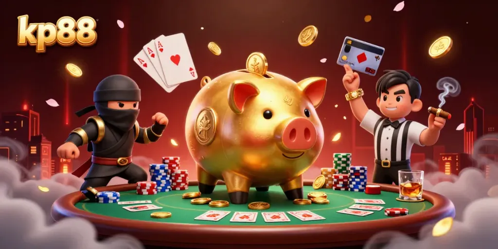 Kp88's lively scene featuring a golden piggy bank sumo wrestler surrounded by poker elements and gold coins.