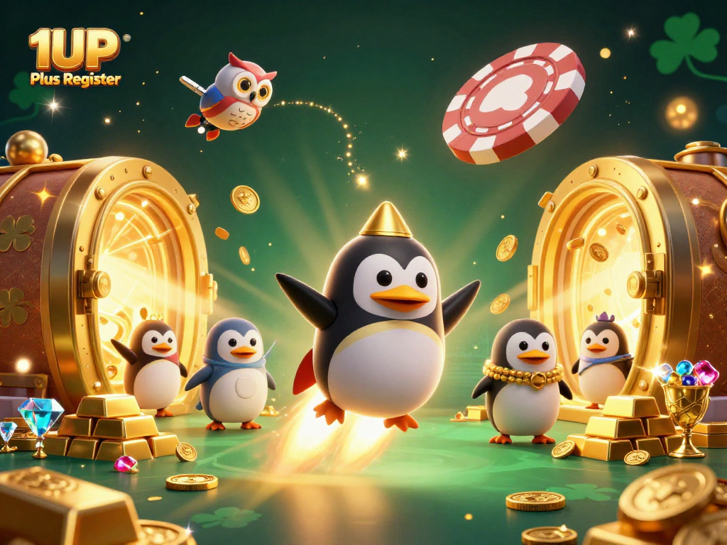 Spin and win big with 1UP Plus Register, featuring engaging animated characters and vibrant casino elements.