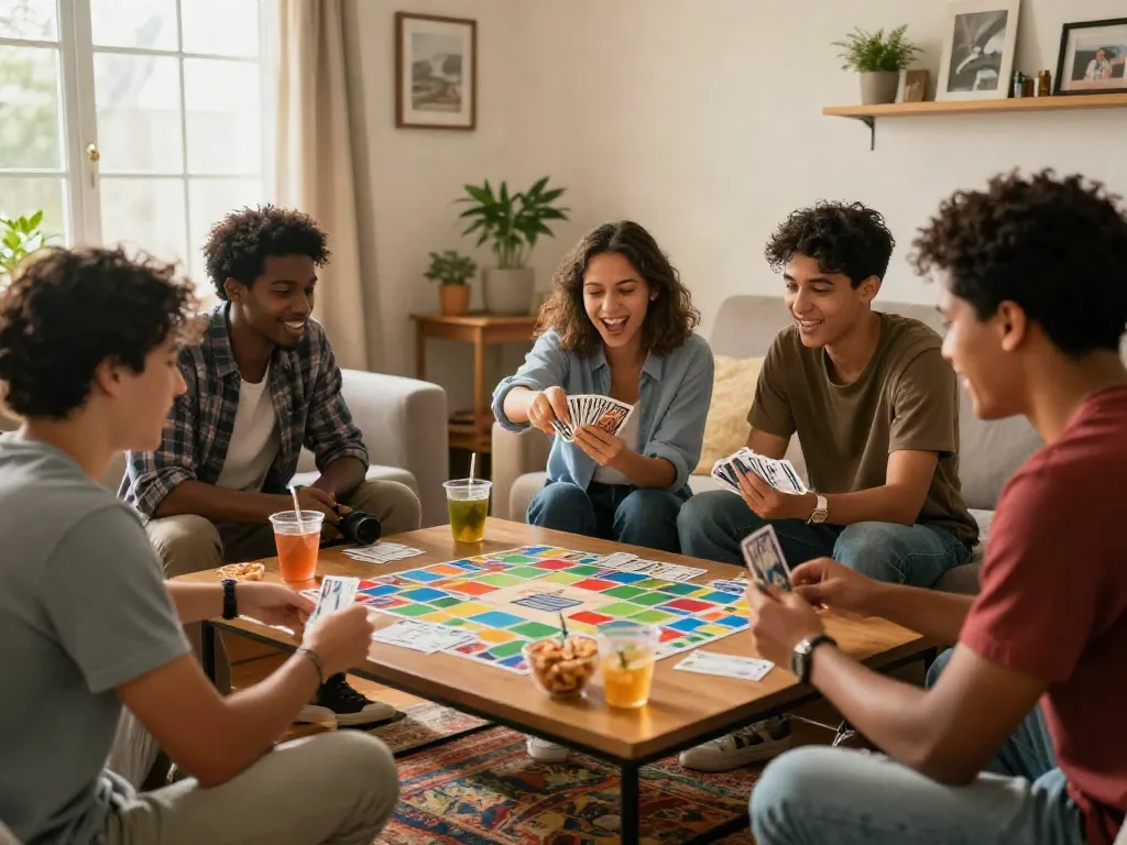 Engaged friends playing rumble rummy in a cozy living room, showcasing excitement and camaraderie.