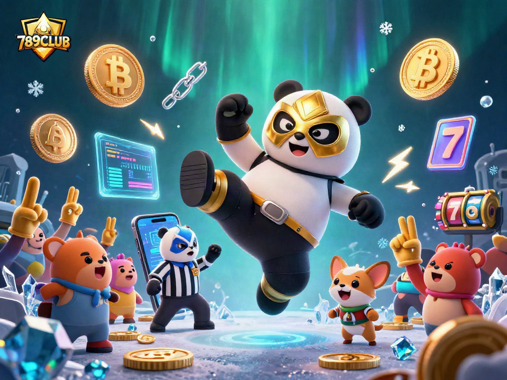 Witness thrilling action with 789CLUB as a panda wrestler performs an epic kick in a vibrant casino scene.