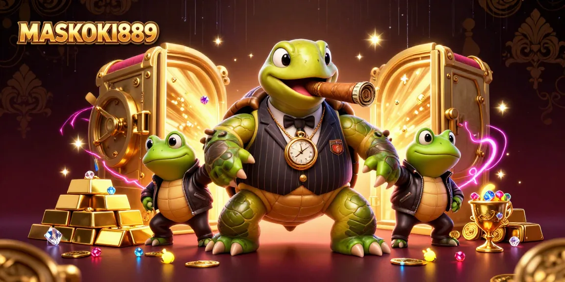 Engage with MASKOKI889 through an exciting casino scene featuring a mobster turtle and gems.