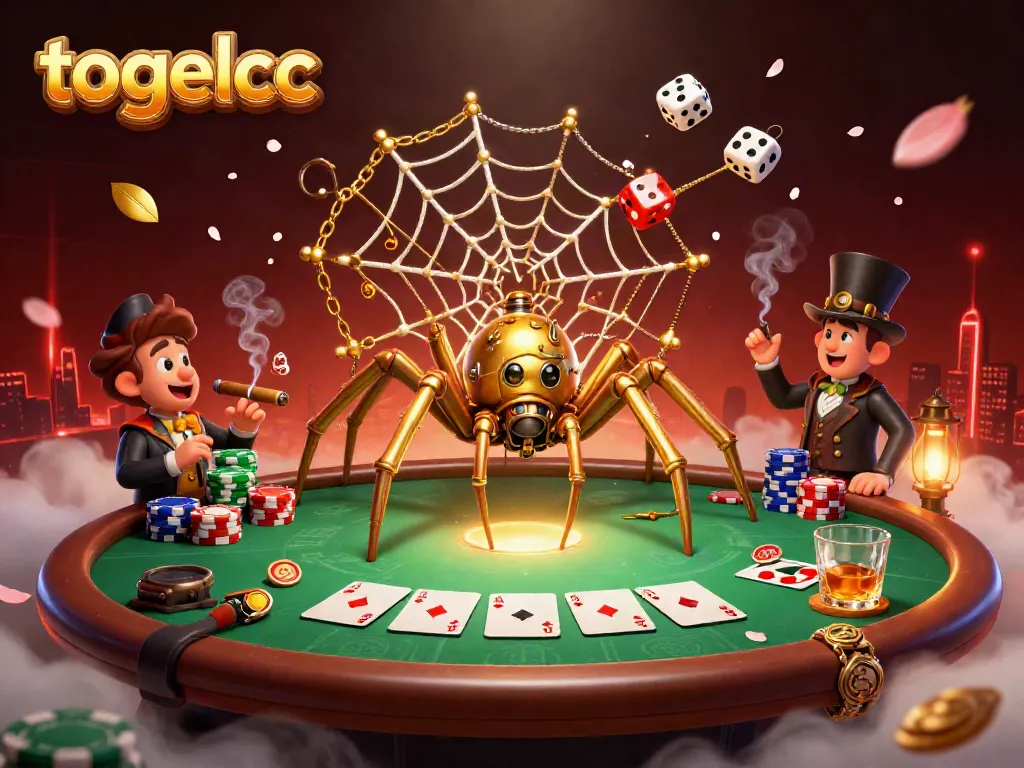 Engage in gaming excitement with togelcc, featuring a steampunk spider at a vibrant poker scene.