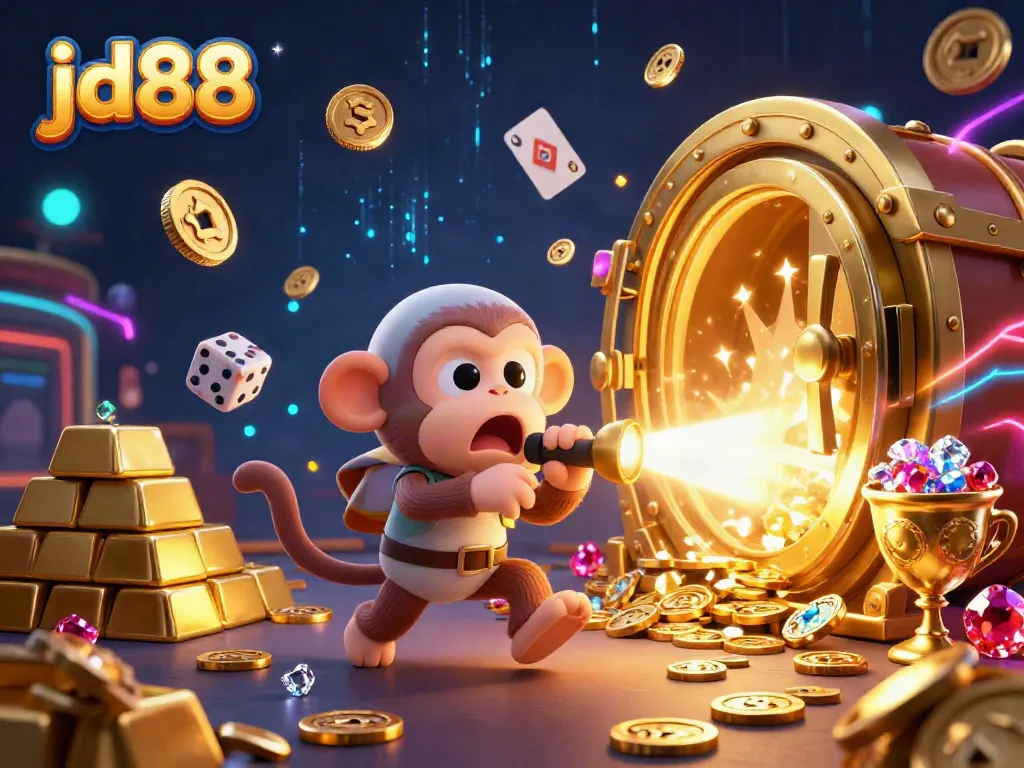 Experience thrilling gambling action with jd88 as a mischievous ghost monkey juggles golden treasures in a casino.