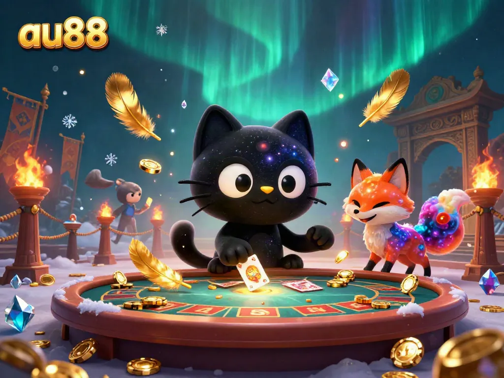 Engaging promotional scene of au88 featuring a cosmic casino with a black hole cat and colorful nebula fox.