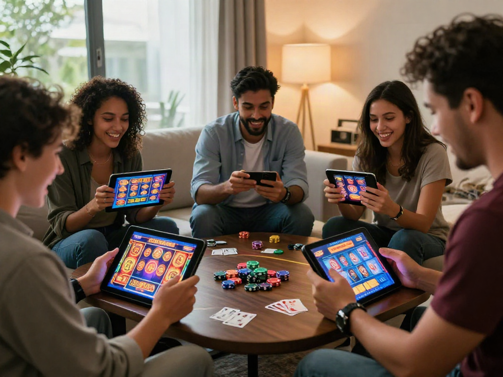 Engaged friends enjoying the kebuntoto online gaming experience with vibrant screens and poker chips.