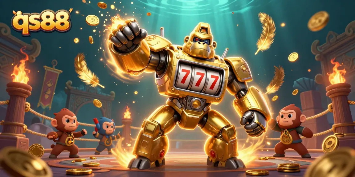 Experience thrilling gameplay in qs88 with a dynamic 3D illustration showcasing a golden gorilla mech and vibrant casino elements.