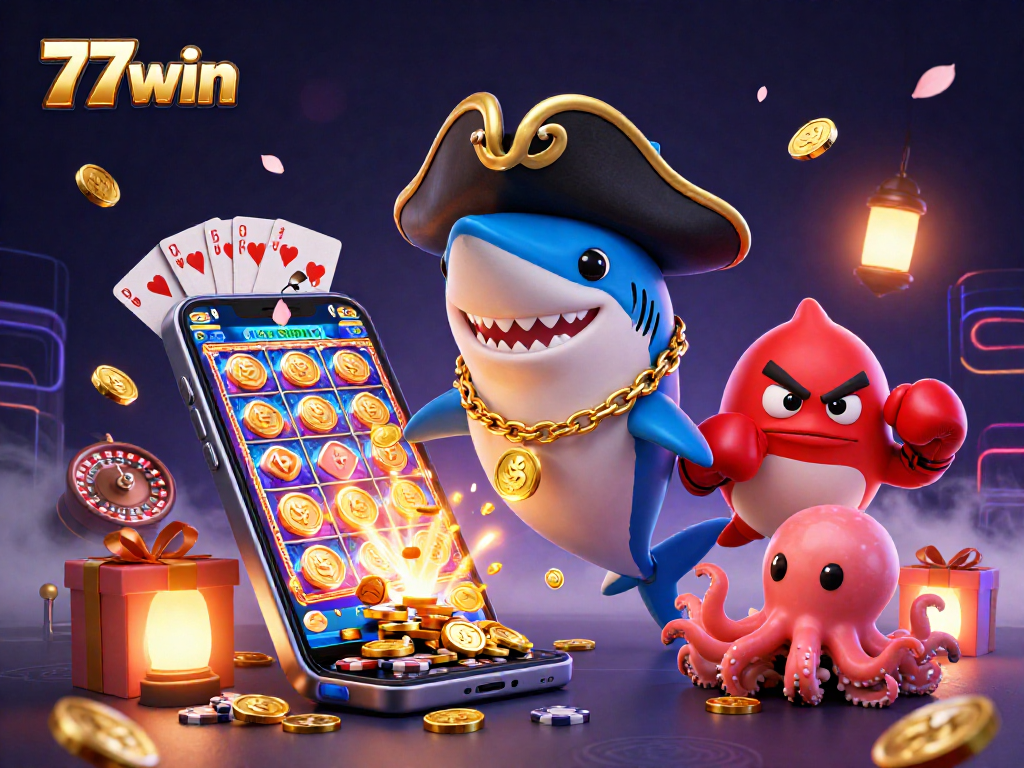 Engage with 77win’s colorful gaming world featuring a pirate shark, pufferfish, and treasure-holding octopus.