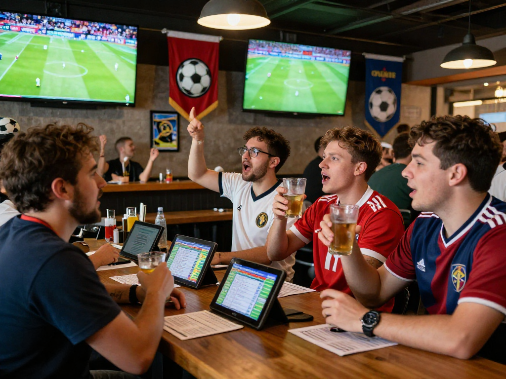 Online Casino Österreich: Football From Ancient Times to Online Sports Betting at a lively sports bar with fans cheering and placing bets.