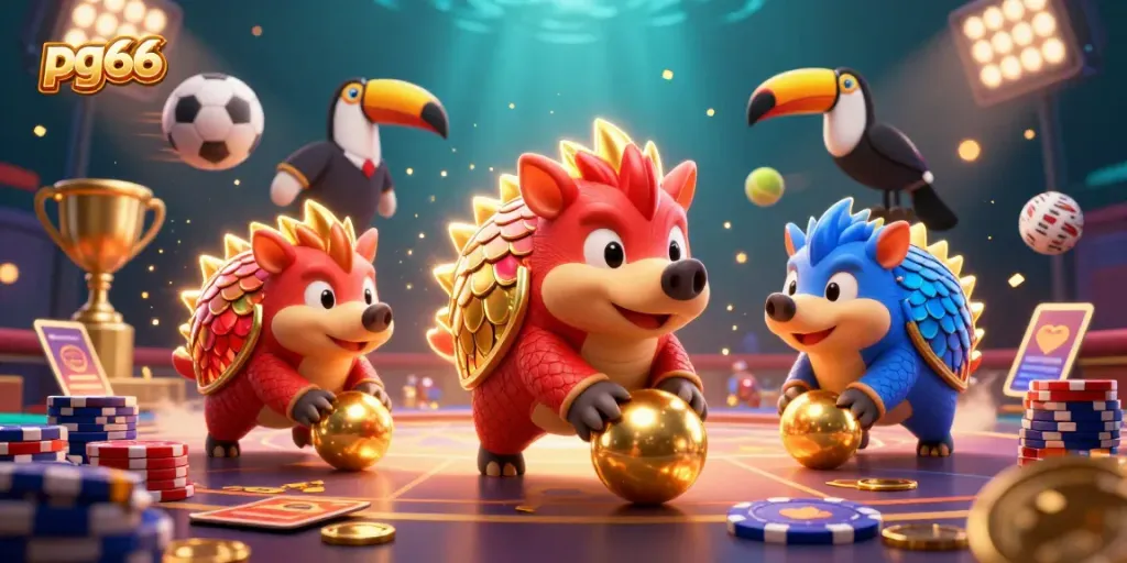 Engaging pg66 scene where rival pangolins compete amid colorful casino elements.